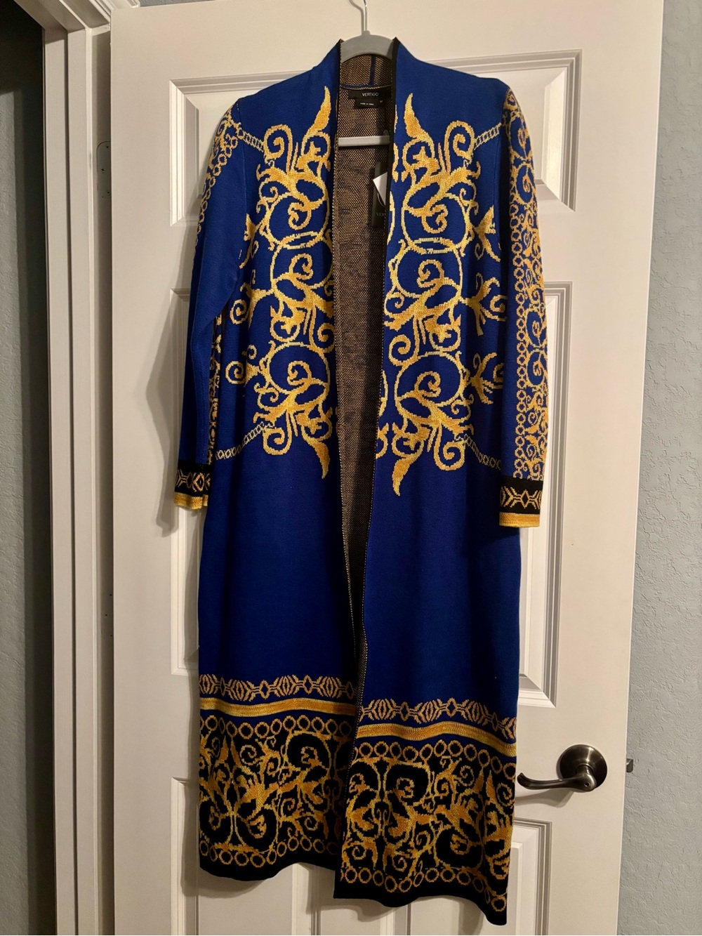 NWT Vertigo Royal Blue & Gold Long Duster Cardigan